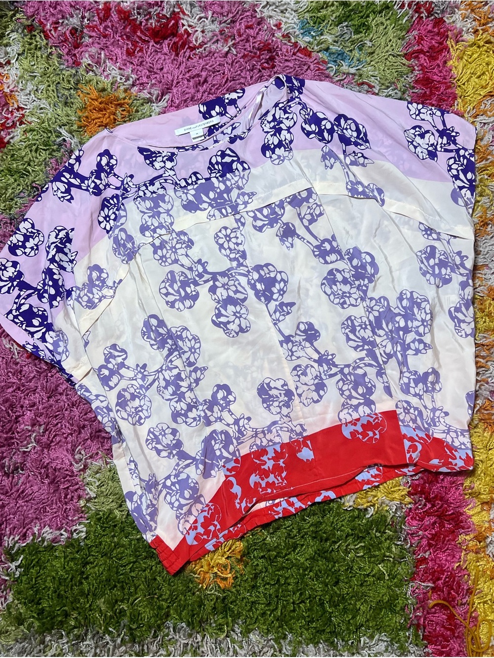 Diane Von Furstenberg Floral Panel Silk Blouse in Purple, Lavender & Red